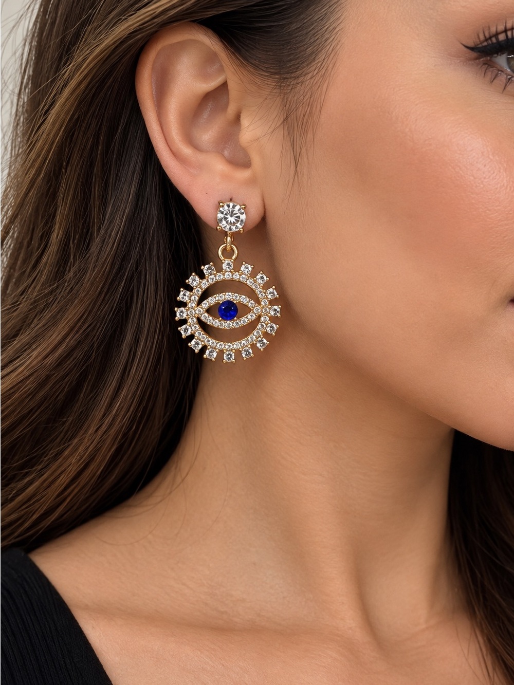 Gold and Blue Evil Eye Drop Earrings